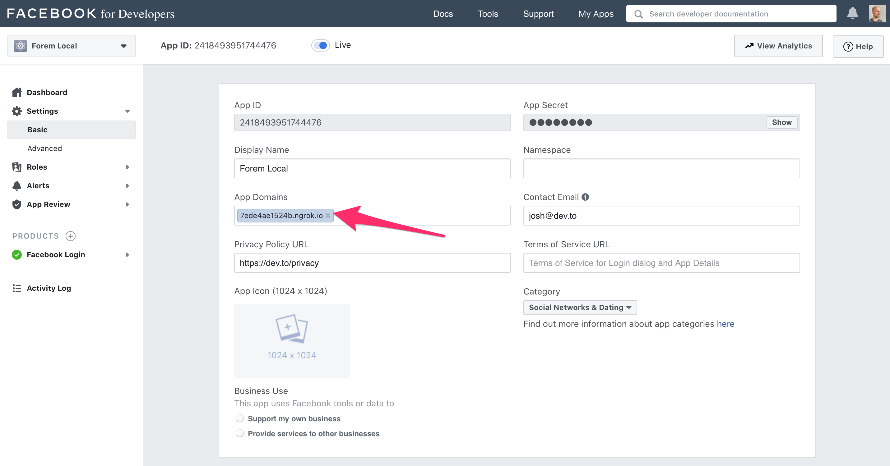 Configure the facebook app