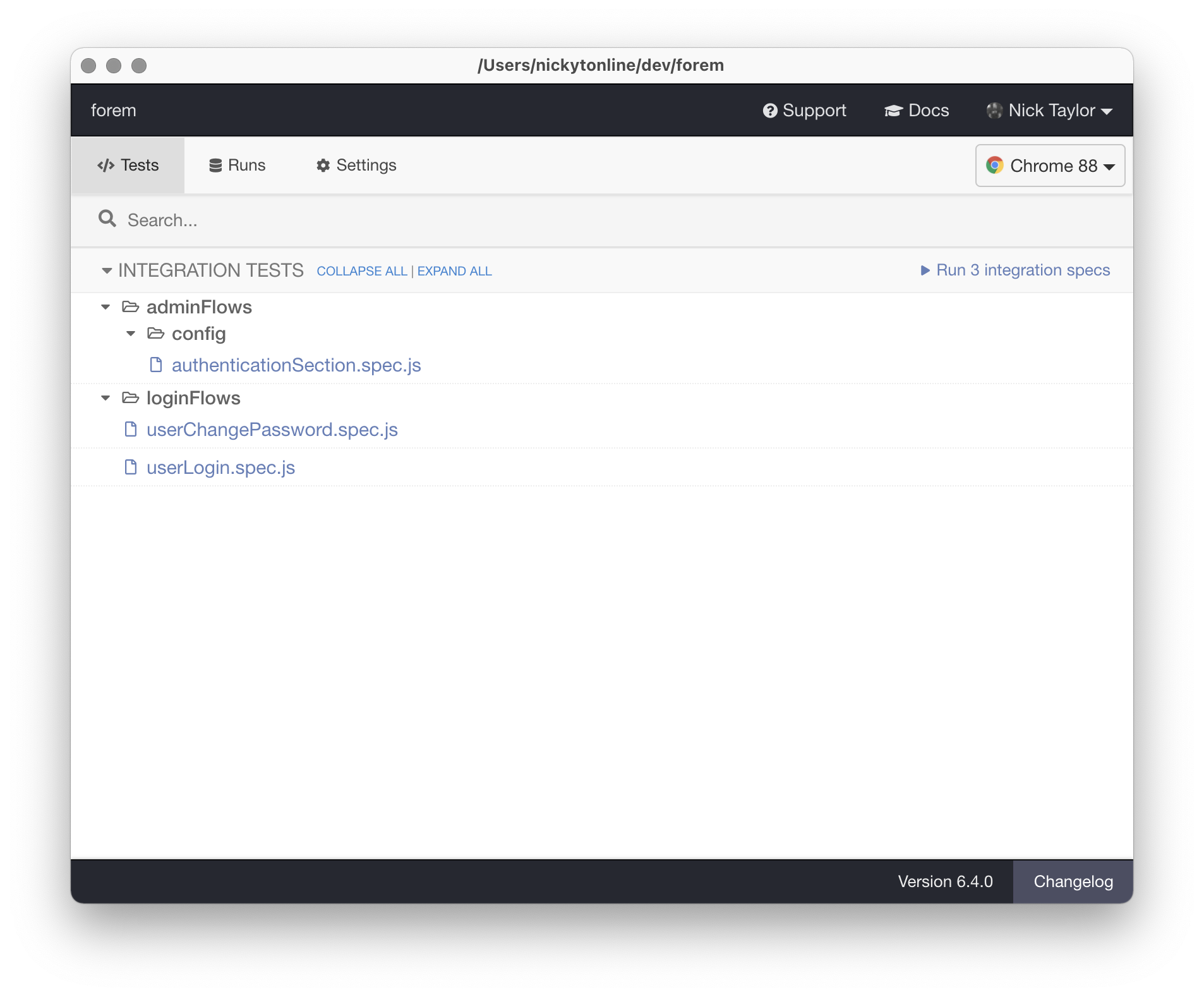 A screenshot of the Cypress test runner